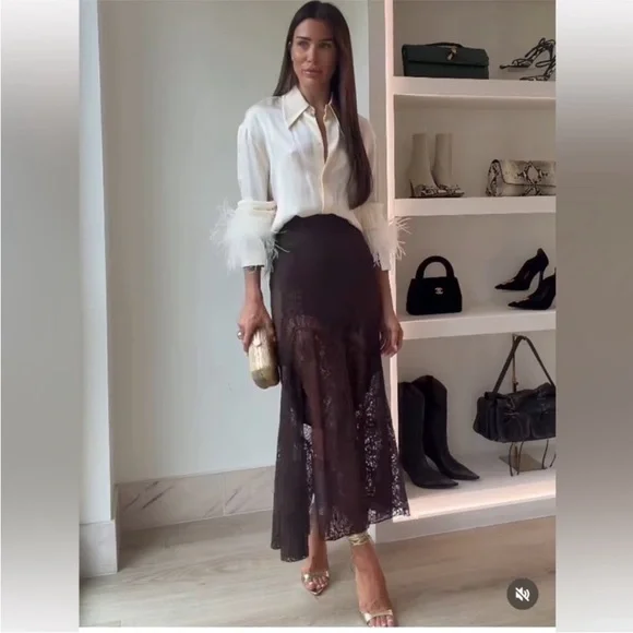 ZARA SATIN EFFECT LACE SKIRT ZW COLLECTION BROWN SMALL - Picture 2 of 11